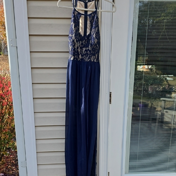 Xtraordinary Navy and Beige Lace Prom Dress - Picture 6 of 7